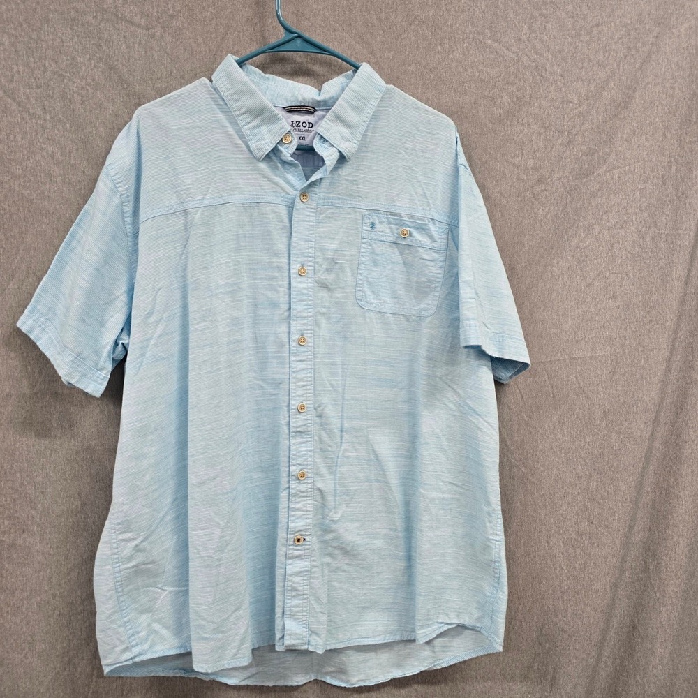 IZOD Saltwater Mens XXL Light Blue Striped Short Sleeve Button Down Shirt Cotton
